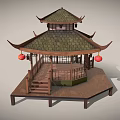 Traditional Chinese Pavilion With Multi Tiered Green Tiled Roof Red Lanterns And Wooden Railings
