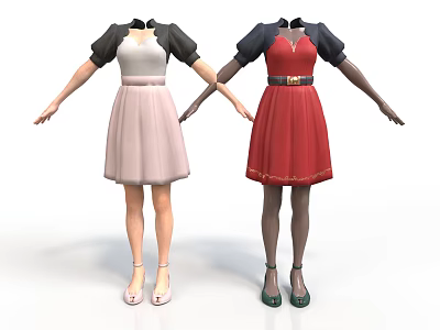 Pink And Red Women's Dresses With Black Sleeves And Belt Design 3d model
