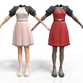 Pink And Red Women's Dresses With Black Sleeves And Belt Design