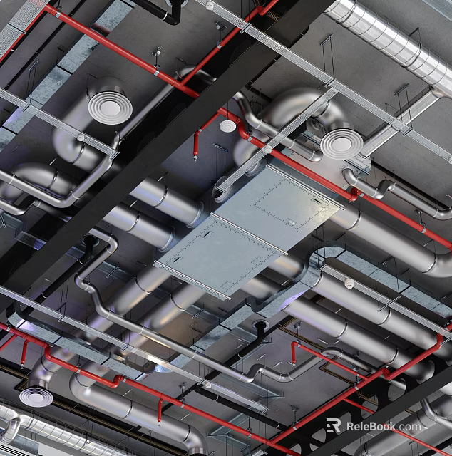 Industrial Equipment Featuring Metal Pipes Red Lines And Ceiling Mounted Metal Structures 3d model 