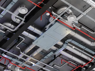 Industrial Equipment Featuring Metal Pipes Red Lines And Ceiling Mounted Metal Structures 3d model