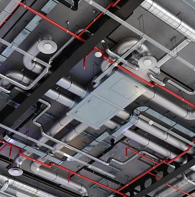 Industrial Equipment Featuring Metal Pipes Red Lines And Ceiling Mounted Metal Structures 3d model
