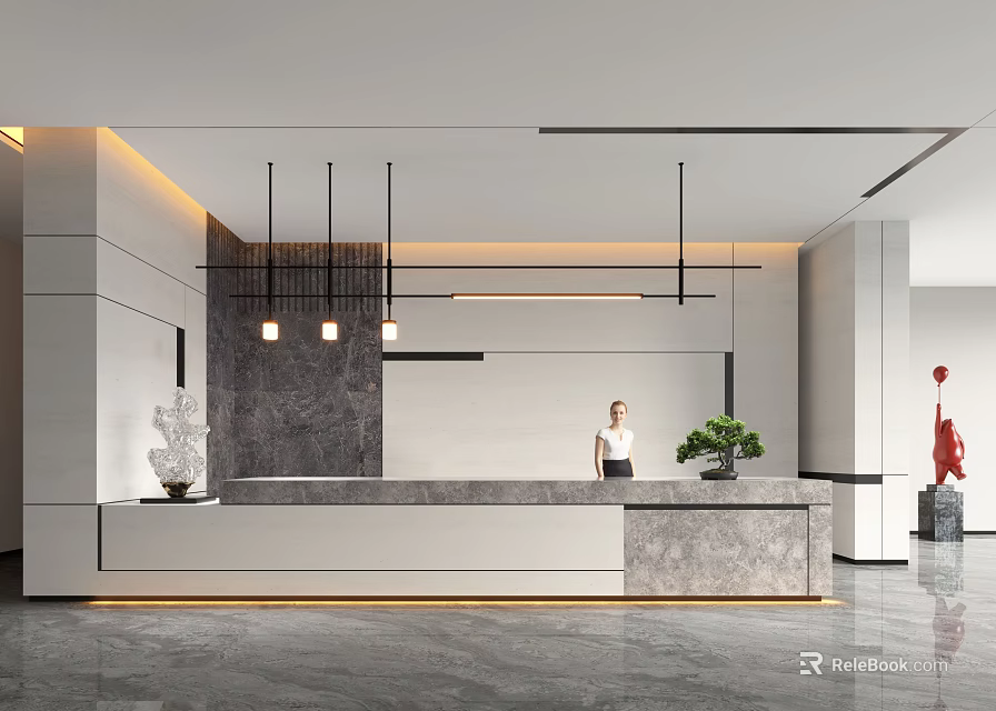 Modern Front Desk Reception Area With Marble Countertop Hanging Lights And Potted Plant 3d model 