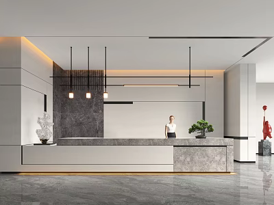 Modern Front Desk Reception Area With Marble Countertop Hanging Lights And Potted Plant 3d model