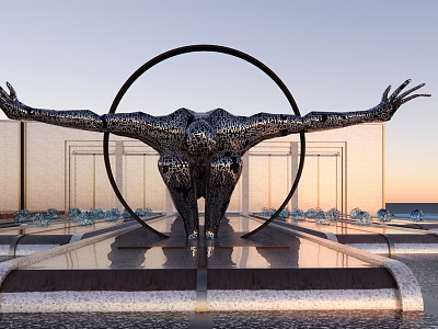 Modern Metallic Sculpture With Outstretched Arms Circular Halo On Reflective Pool Base Against Sunset Sky 3d model