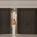 Modern Elevator Hallway Interior Design With Wooden Panel Walls Decorative Painting Green Plants And Stone Ornaments