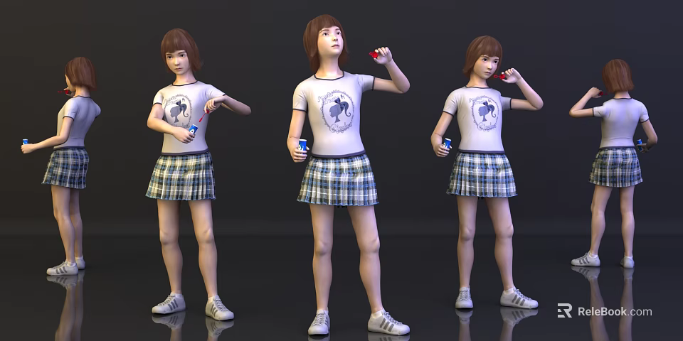 Young Woman In White T-shirt And Plaid Skirt Holding Drinks In Different Poses 3d model 