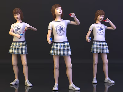 Young Woman In White T-shirt And Plaid Skirt Holding Drinks In Different Poses 3d model