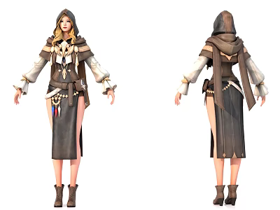 Game Character With Hooded Outfit Blonde Hair Layered Design Split Skirt And Boots 3d model