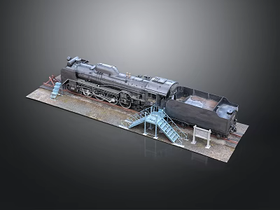 Black Steam Train Model With Blue Staircase And Platform On Display Base 3d model
