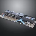Black Steam Train Model With Blue Staircase And Platform On Display Base