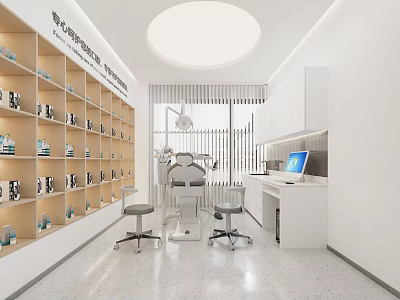 Modern White Dental Clinic Treatment Room With Medical Equipment Medicine Shelves Computer And Patient Chairs 3d model