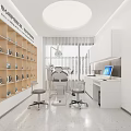 Modern White Dental Clinic Treatment Room With Medical Equipment Medicine Shelves Computer And Patient Chairs