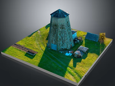 Ancient Stone Windmill Surrounded By Green Grassland Path And Small Hut 3d model