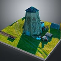 Ancient Stone Windmill Surrounded By Green Grassland Path And Small Hut