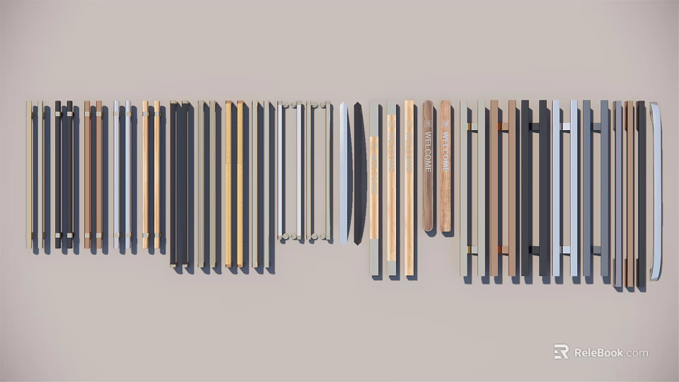 Assorted Stylish Door Handles in Various Materials and Colors Arranged Neatly 3d model 