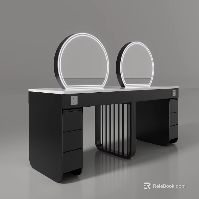 Modern Black Dressing Table With Two Circular LED Lighted Mirrors Slatted Design And Functional Drawers 3d model