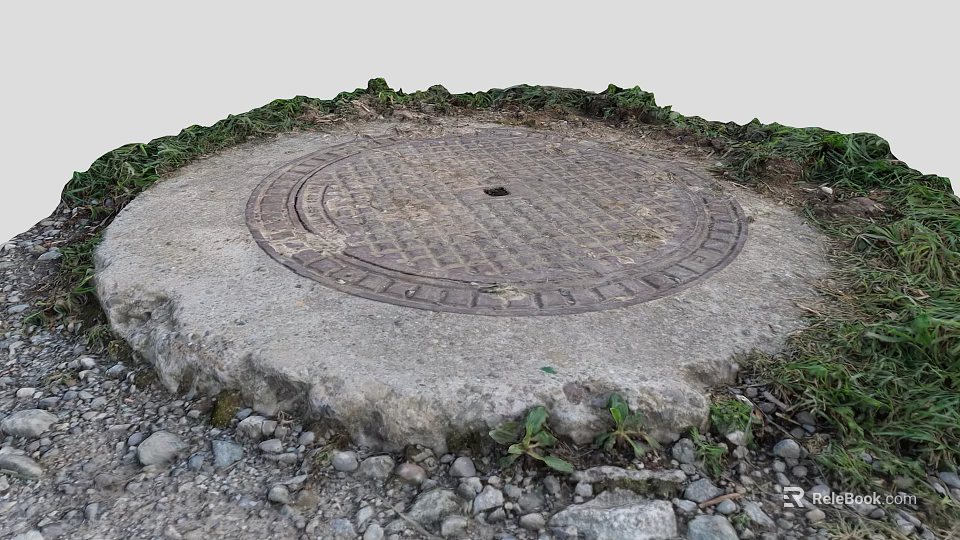 Circular Metal Manhole Cover On Stone Base With Surrounding Weeds And Small Stones 3d model 