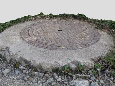 Circular Metal Manhole Cover On Stone Base With Surrounding Weeds And Small Stones 3d model
