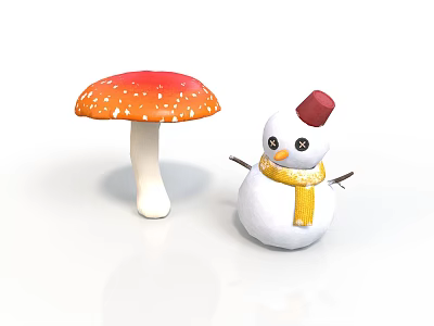 Red Spotted Mushroom And Snowman With Red Hat Yellow Scarf On White Background 3d model