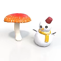 Red Spotted Mushroom And Snowman With Red Hat Yellow Scarf On White Background