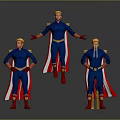 Men in blue uniforms and red capes with one jumping and red arrow below