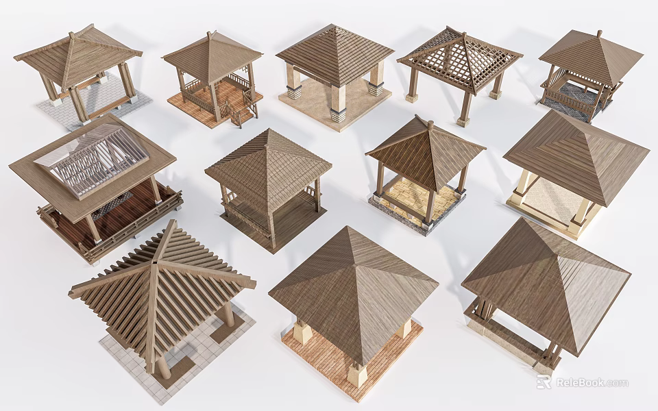 Wooden Pavilions With Various Roof Designs And Architectural Structure Models 3d model 