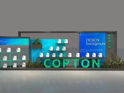 Event Display Wall With Blue Background Showcasing White Items And Green Plants For COPTON 3d model
