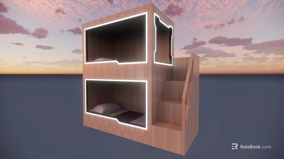 Wooden Bunk Bed with Staircase and Two Tiered Design for Bedroom 3d model 