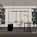 Modern Study Room With White Desk Black Chair Pendant Lights And Wooden Bookshelves