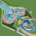 Colorful Outdoor Children's Play Area With Circular Structures Slides And Green Lawn