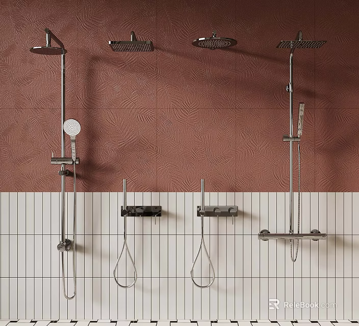 Bathroom Shower Fixtures With Various Heads And Handheld Designs On Tile Wall 3d model 