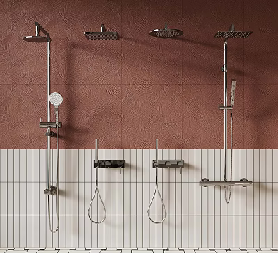 Bathroom Shower Fixtures With Various Heads And Handheld Designs On Tile Wall 3d model