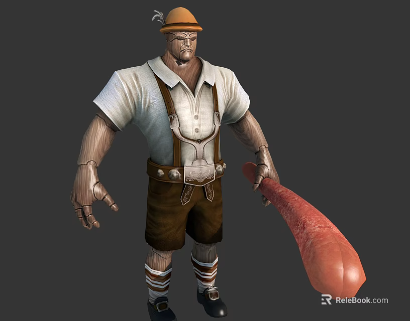 Traditional Hat Wearing Character With Suspenders In White Shirt Brown Shorts Holding Large Biological Sausage 3d model 