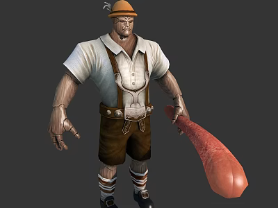 Traditional Hat Wearing Character With Suspenders In White Shirt Brown Shorts Holding Large Biological Sausage 3d model