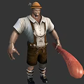 Traditional Hat Wearing Character With Suspenders In White Shirt Brown Shorts Holding Large Biological Sausage