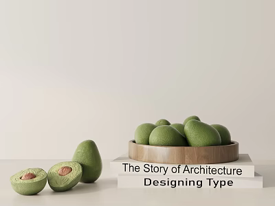 Modern Decorative Ornament Set with Avocado Figurines Wooden Tray and Stacked Books for Design 3d model