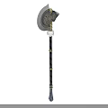 Medieval Battle Axe With Golden Head Intricate Patterns Gray Handle And Decorative Metal Rings