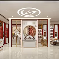 Elegant Traditional Chinese Liquor Store Interior With Red Gold Decor Circular Display Central Counter And Wooden Shelves