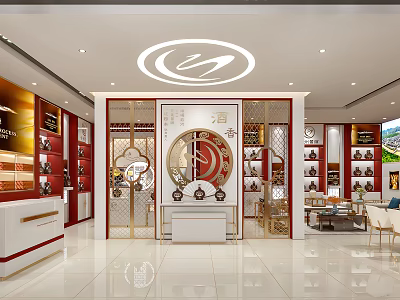 Elegant Traditional Chinese Liquor Store Interior With Red Gold Decor Circular Display Central Counter And Wooden Shelves 3d model