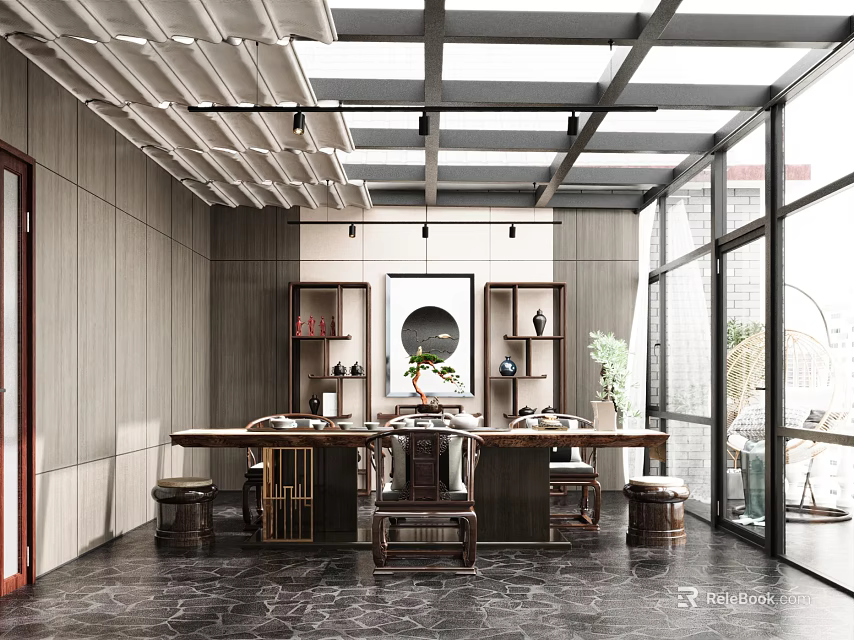 Traditional Chinese Style Villa Balcony With Tea Table And Natural Light 3d model 