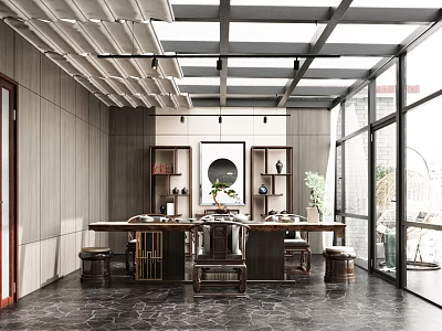 Traditional Chinese Style Villa Balcony With Tea Table And Natural Light 3d model