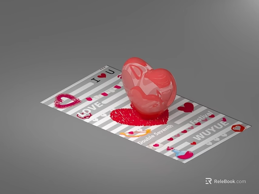 Red Heart Shaped Inflatable Decoration With Love Patterns On Striped Surface 3d model 