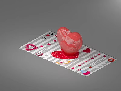 Red Heart Shaped Inflatable Decoration With Love Patterns On Striped Surface 3d model