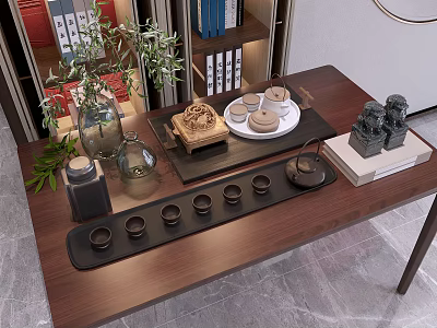 Elegant Tea Set on Wooden Table with Tea Cups Tray Green Plants and Decorative Ornaments 3d model