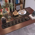 Elegant Tea Set on Wooden Table with Tea Cups Tray Green Plants and Decorative Ornaments