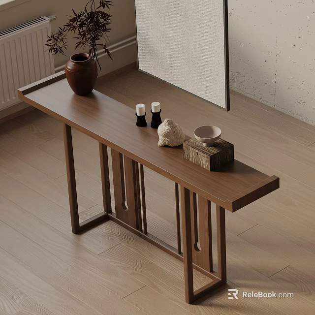 Modern Wooden Entryway Console Table And Side Cabinet With Decorative Vases Bowls Candles 3d model 