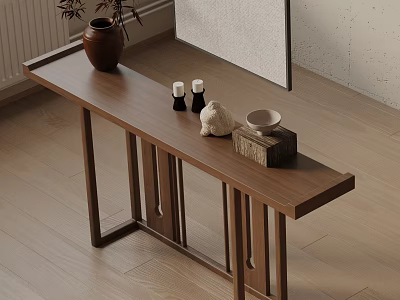 Modern Wooden Entryway Console Table And Side Cabinet With Decorative Vases Bowls Candles 3d model
