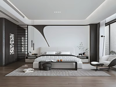 Modern Minimalist Bedroom Interior With White Bed Black Wall Wooden Flooring Rug And Window Chair 3d model