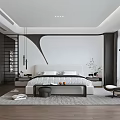 Modern Minimalist Bedroom Interior With White Bed Black Wall Wooden Flooring Rug And Window Chair